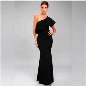 NWT Lulus "So Amazed" One Shoulder Ruffled Bodice Black Maxi Dress
